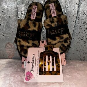 Juicy Couture animal print slippers and clip set